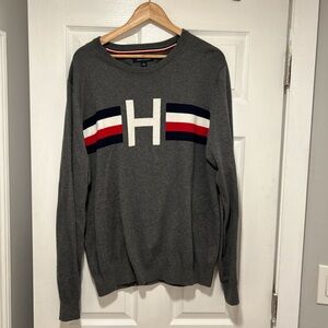 Tommy Hilfiger Gray V-Neck Sweater with Red and White Trim